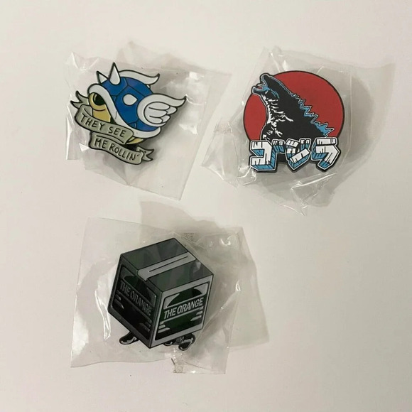 Lot of 3 Enamel Metal Pin Double Rubber Backing Mario Kart Shell Godzilla - Picture 1 of 13